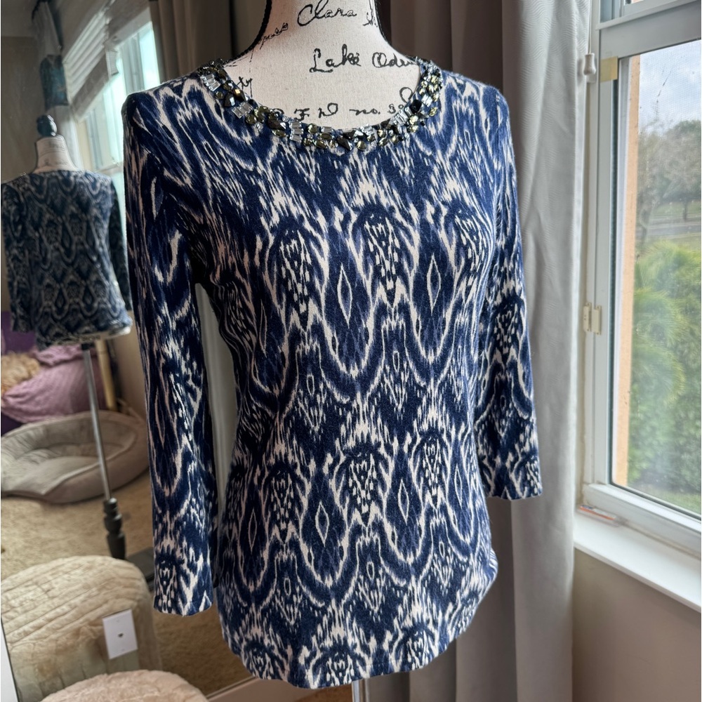 Inc Blue Printed Beaded Neckline Lightweight
Sweater size Small